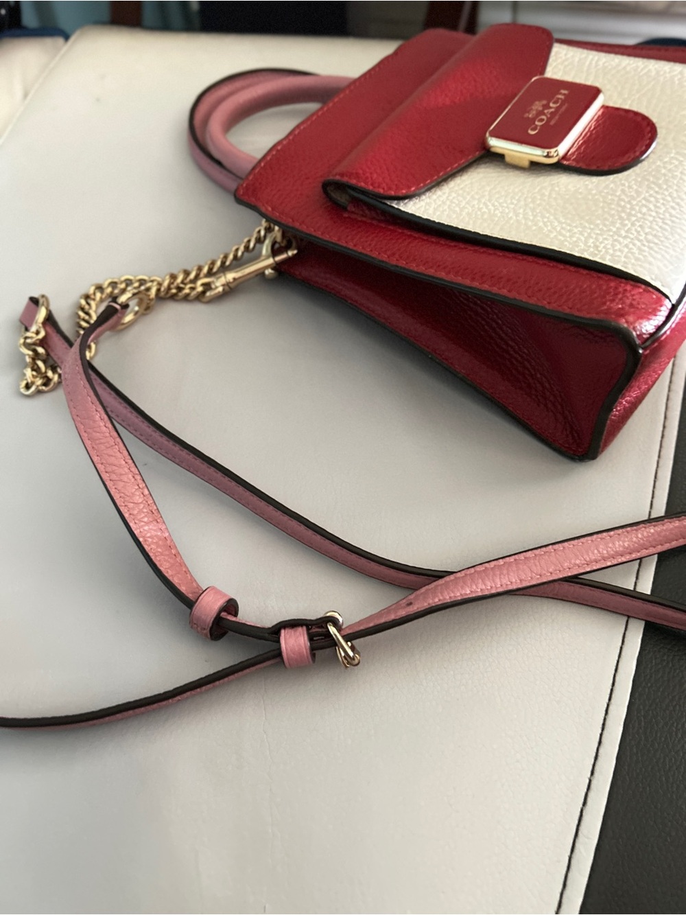 Coach Colorblock Leather Mini Crossbody Satchel |Red, White & Pink - Picture 4 of 6